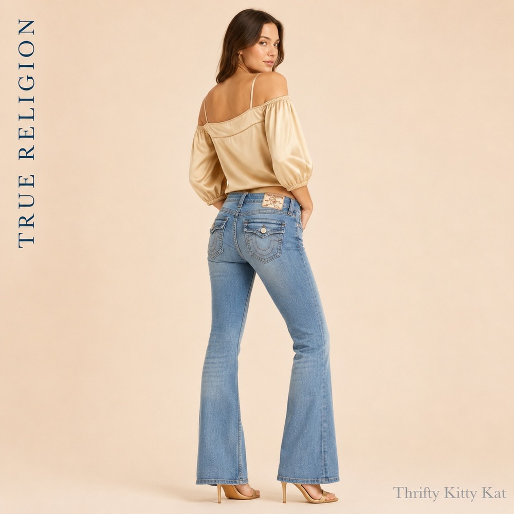 True Religion Joey Super T Low Rise Flare Jeans Light Wash Blue Stretch Y2K 27